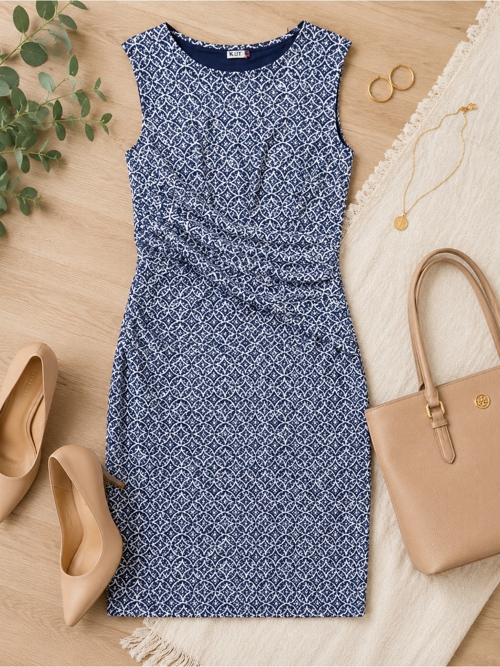 KUT from the Kloth Mollee Blue Geometric Ruched Faux Wrap Sheath Dress Size 4 - Picture 4 of 13